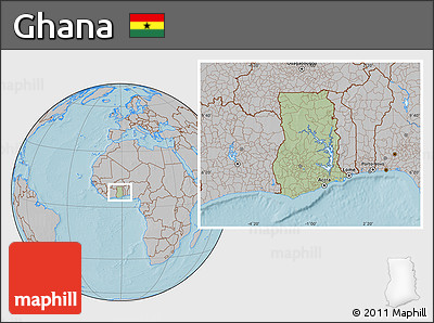 Savanna Style Location Map of Ghana, gray outside, hill shading