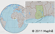 Savanna Style Location Map of Ghana, gray outside, hill shading