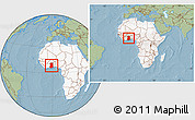 Savanna Style Location Map of Ghana, highlighted continent, within the entire continent, hill shading