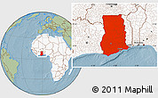 Savanna Style Location Map of Ghana, highlighted continent, hill shading
