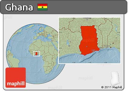 Savanna Style Location Map of Ghana, hill shading