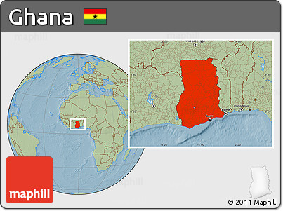 Savanna Style Location Map of Ghana, hill shading