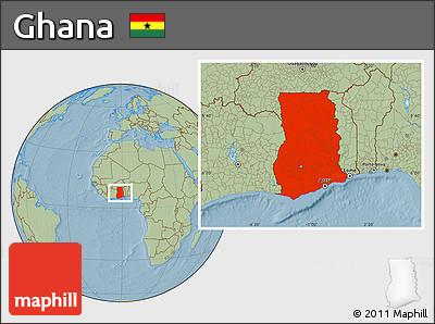 Savanna Style Location Map of Ghana, hill shading