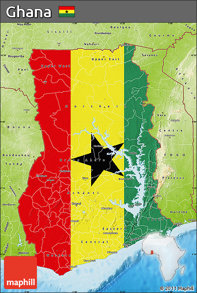 Flag Map of Ghana, physical outside, flag rotated