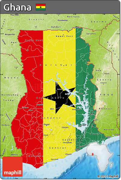 Flag Map of Ghana, physical outside, flag rotated