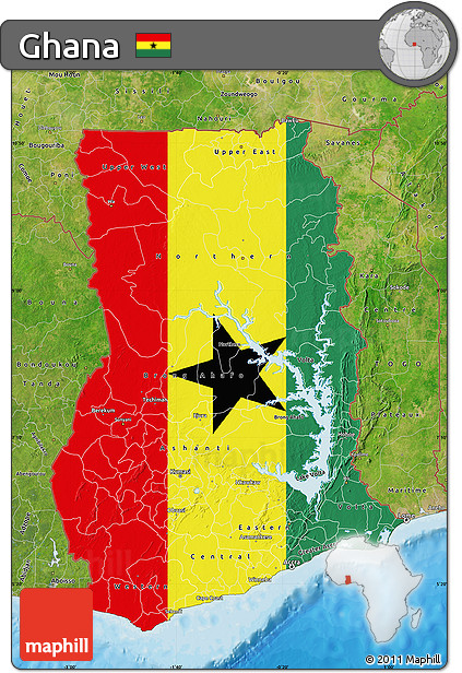 Flag Map of Ghana, satellite outside, bathymetry sea, flag rotated