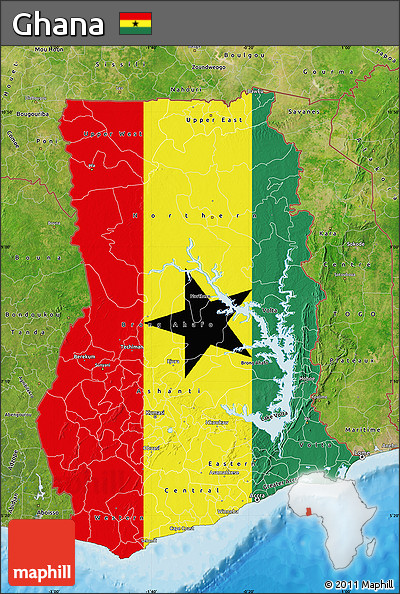 Flag Map of Ghana, satellite outside, bathymetry sea, flag rotated
