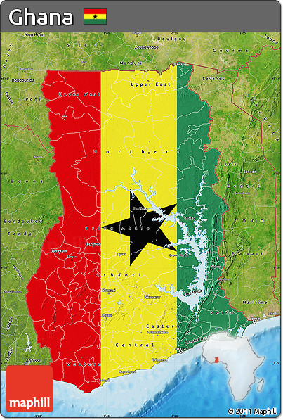 Flag Map of Ghana, satellite outside, bathymetry sea, flag rotated