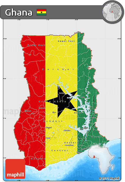 Flag Map of Ghana, single color outside, bathymetry sea, flag aligned to the middle