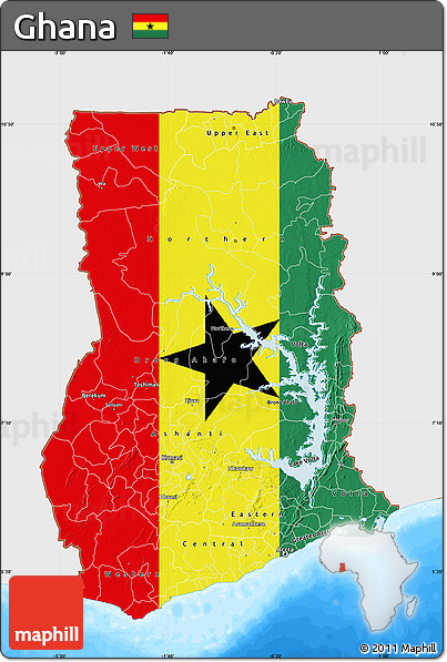 Flag Map of Ghana, single color outside, bathymetry sea, flag aligned to the middle