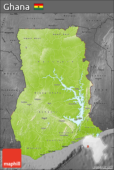 Physical Map of Ghana, darken, desaturated