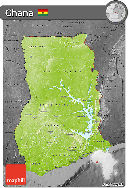 Physical Map of Ghana, darken, desaturated