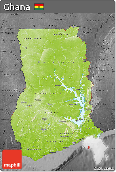 Physical Map of Ghana, darken, desaturated