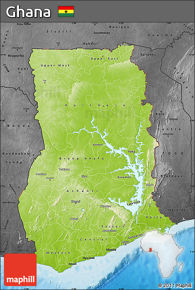 Physical Map of Ghana, darken, desaturated, land only