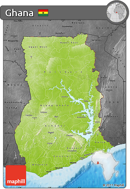 Physical Map of Ghana, darken, desaturated, land only