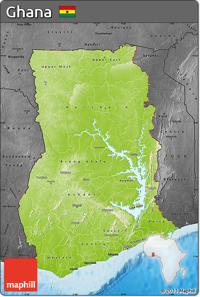 Physical Map of Ghana, darken, desaturated, land only
