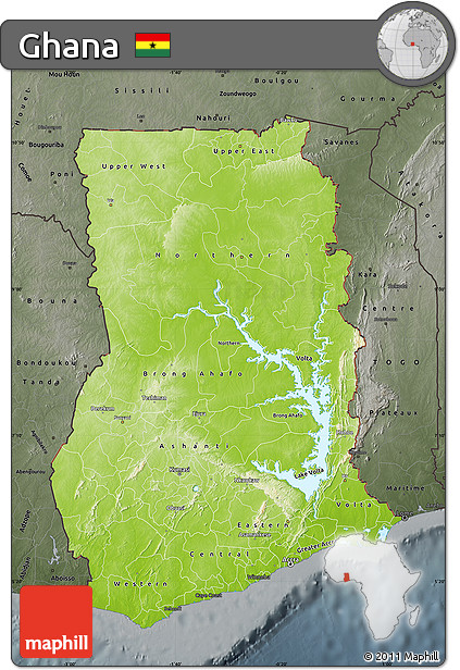 Physical Map of Ghana, darken, semi-desaturated