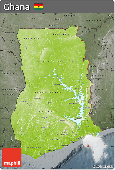 Physical Map of Ghana, darken, semi-desaturated