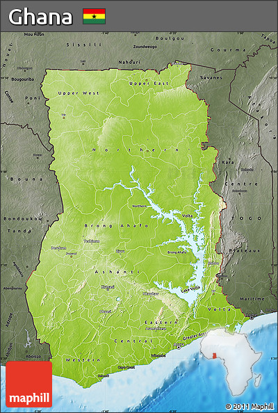 Physical Map of Ghana, darken, semi-desaturated, land only