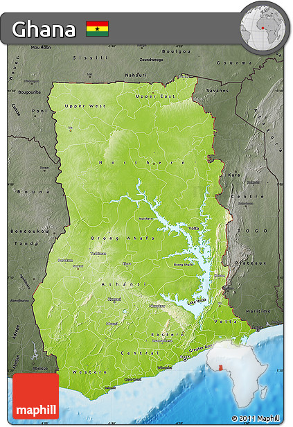Physical Map of Ghana, darken, semi-desaturated, land only