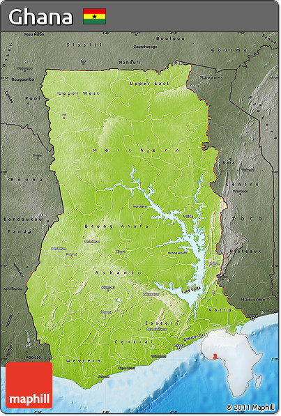 Physical Map of Ghana, darken, semi-desaturated, land only