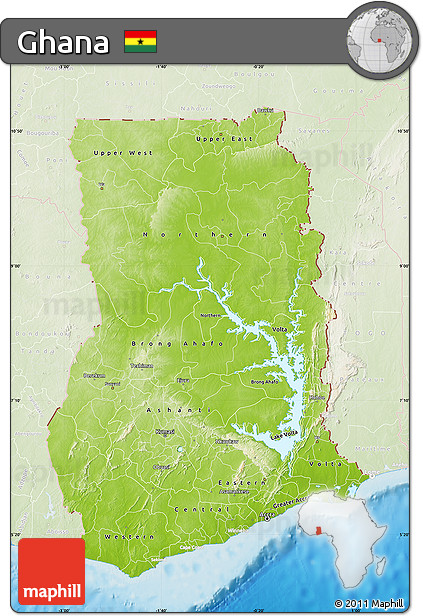 Physical Map of Ghana, lighten, land only