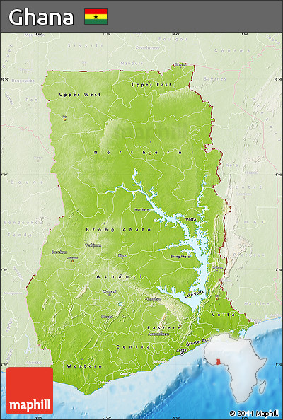 Physical Map of Ghana, lighten, land only