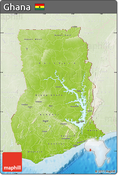 Physical Map of Ghana, lighten, land only