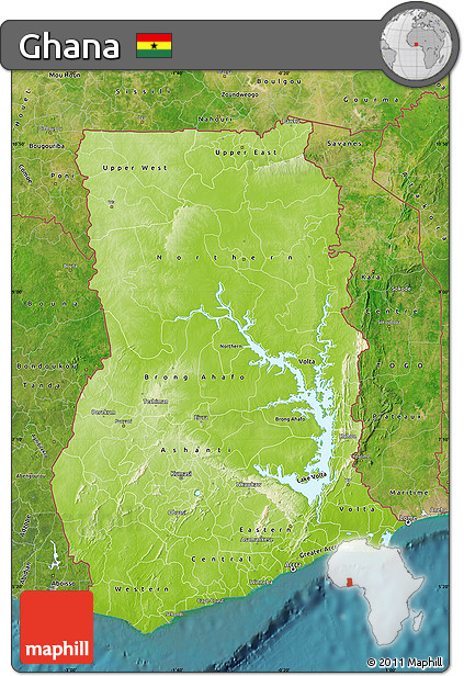Physical Map of Ghana, satellite outside