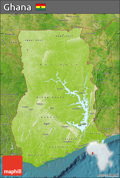 Physical Map of Ghana, satellite outside