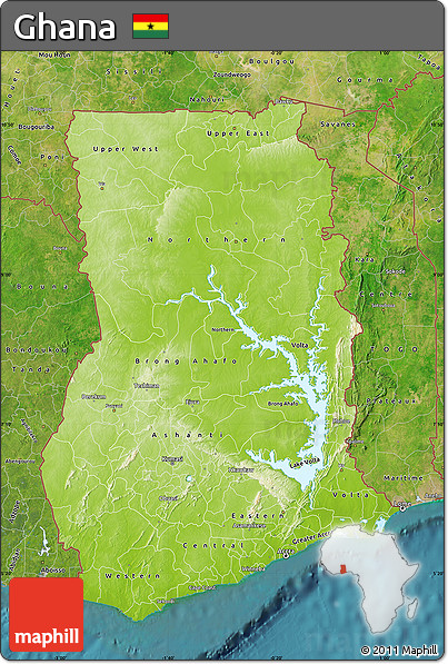 Physical Map of Ghana, satellite outside