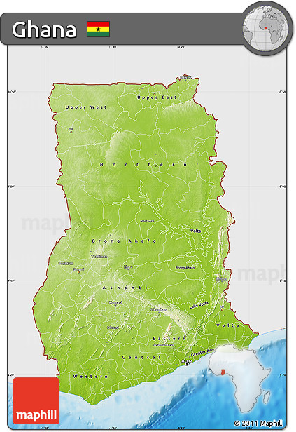 Physical Map of Ghana, single color outside