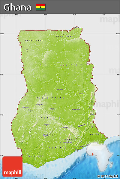 Physical Map of Ghana, single color outside