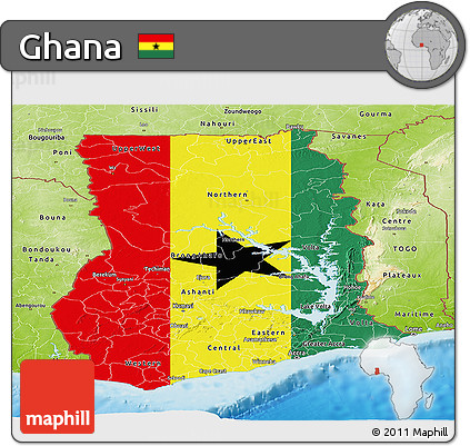Flag Panoramic Map of Ghana, physical outside, flag rotated