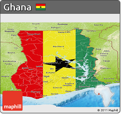 Flag Panoramic Map of Ghana, physical outside, flag rotated