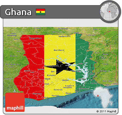 Flag Panoramic Map of Ghana, satellite outside, flag rotated