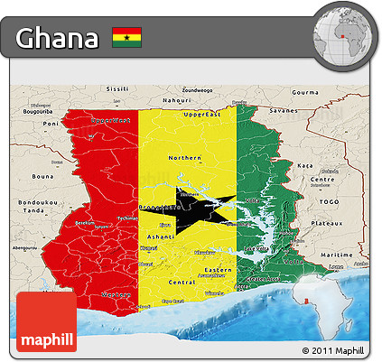 Flag Panoramic Map of Ghana, shaded relief outside, bathymetry sea, flag rotated