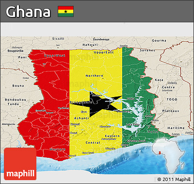 Flag Panoramic Map of Ghana, shaded relief outside, bathymetry sea, flag rotated