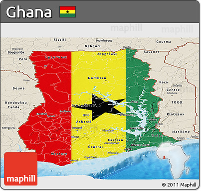 Flag Panoramic Map of Ghana, shaded relief outside, bathymetry sea, flag rotated