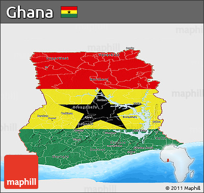Flag Panoramic Map of Ghana, single color outside, bathymetry sea, flag centered