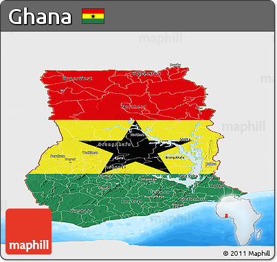 Flag Panoramic Map of Ghana, single color outside, bathymetry sea, flag centered