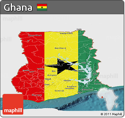 Flag Panoramic Map of Ghana, single color outside, satellite sea, flag rotated