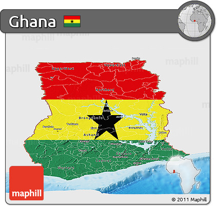 Flag Panoramic Map of Ghana, single color outside, shaded relief sea
