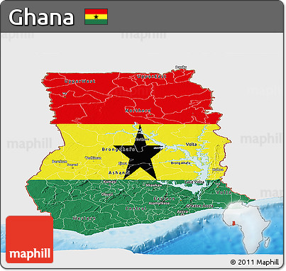 Flag Panoramic Map of Ghana, single color outside, shaded relief sea