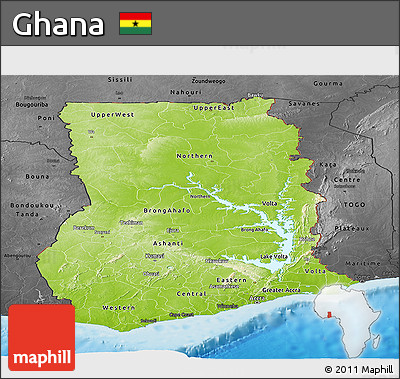 Physical Panoramic Map of Ghana, darken, desaturated, land only