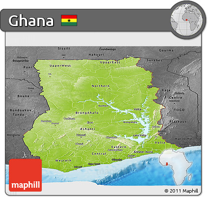 Physical Panoramic Map of Ghana, darken, desaturated, land only