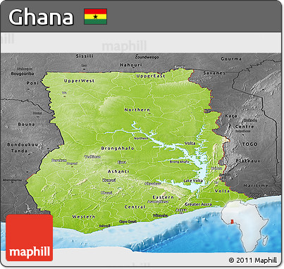 Physical Panoramic Map of Ghana, darken, desaturated, land only