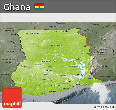 Physical Panoramic Map of Ghana, darken, semi-desaturated