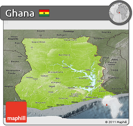 Physical Panoramic Map of Ghana, darken, semi-desaturated