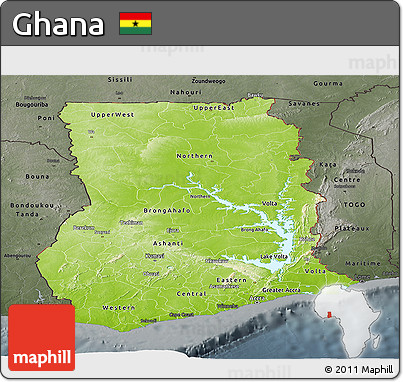 Physical Panoramic Map of Ghana, darken, semi-desaturated